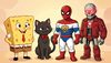 four friends together: a cheerful yellow sponge with square pants and a red tie, a black cat with a red bow ti