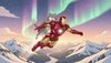 anime style, flying in the aurora borealis over the snowy Urals mountains, Iron Man flying with a friendly gre