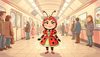 Леди Баг в ярком костюме, стоит в московском метро, стервозное выражение лица, детская иллюстрация
