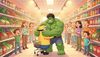 minion hero and hulk hugging in a supermarket surrounded by happy customers and organized vegetable shelves, c