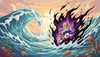 epic anime battle scene, water power vs dark magic, huge waves crashing against dark energy, underwater, drama