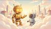 golden old robot with warm sun-like eyes talking to a small silver robot in a city made of light in the clouds