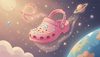 happy pink clog shoe with rhinestones floating in space triumphantly holding a glowing shoelace, children's bo