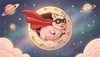 a pig superhero with a red superhero cape popping out from a hole in the moon, wearing a mask, cute comic book