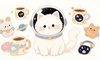 cute white fluffy cat with space helmet surrounded by plush toys mugs and accessories with space theme, childr