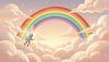 small silver robot climbing up a giant rainbow into the clouds, children's book illustration, dreamy and magic