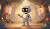 small silver robot holding a tiny glowing star in its hand, children's book illustration, magical glow, warm c