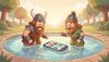 vikings Kolya and Ivan Tsarevich looking at an iPhone floating in a pool, funny, kids book illustration