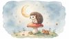 cute hedgehog sitting on a toadstool, looking lonely under the moon, soft watercolour style