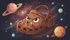 cute but evil rusty brown clog shoe character with menacing expression, cosmic dark background, children's boo