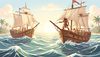 один корабль с другим кораблём в карибском море, бушующее море, Одиссей стоит на палубе с мечом, детская книжн