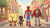 Four friends walking together down a fun street: a cheerful yellow sponge with square pants and a red tie, a s
