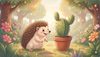 A hedgehog smiling at a potted cactus in a magical garden, friendly vibes, children's book illustration