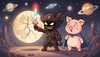 cute dark space pirate with a colorful cartoon lightsaber playfully tapping a moon, causing it to crack comica