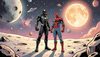 Venom and Spider-Man standing together on the moon surface looking up, comic book illustration style, dramatic