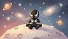 cosmic moon surface, a black and white Venom character sitting on the moon, cute children's book illustration 