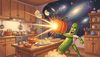 cosmic kitchen with floating dumplings, a brave cucumber warrior named Ibrahim throwing a bright orange pumpki