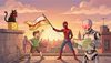 Four friends on a city rooftop at sunset: a yellow sponge, a black cat with a red bow perched on a wall, a Rus