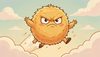 childhood book illustration: a giant fluffy golden Kolobok with angry eyes and spiky little legs flying throug