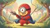 cute minion character wearing a red and blue spider costume holding a web-shooter, playful expression, childre