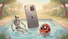 iphone 17 pro max плавает в бассейне, терминатор и леди-баг вокруг вода, детская книжная иллюстрация, весело
