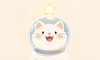 happy white fluffy cat in space helmet smiling brightly with a shining star above him, children's book illustr