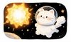 cute white fluffy cat wearing a space helmet floating in space near a glowing star, children's book illustrati