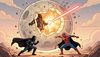 Darth Vader Star Wars character blasting a massive hole in the moon with a lightsaber, dramatic explosion, Ven