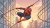 childhood book illustration: The Amazing Spider-Man jumping between glass skyscrapers at sunset, webs swinging