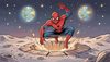 superhero spiderman crouching and emerging from a crater in the surface of the moon at night, classic comic bo