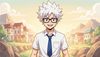 Senku Ishigami from Dr Stone anime, spiky white hair, rectangular black glasses, white t-shirt with blue tie, 
