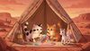 two fluffy cat friends (white with black spots and orange) playing with a bright magical yarn ball inside a co