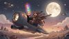 a dramatic sci-fi scene: a dark space pirate emerging from a spaceship with a colorful cartoon lightsaber, fun