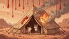 close up of a cozy tent on Mars, glowing red lava drops falling from the sky like rain, a burning hole in the 