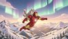 anime style, flying in the aurora borealis over the snowy Urals mountains, Iron Man flying with a friendly gre