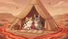 two fluffy cat friends (white with black spots and orange) and a small cute donkey inside a cozy open tent on 