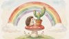 A cute hedgehog and a green potted cactus sitting side by side on a toadstool looking at a rainbow, friendship