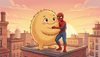 childhood book illustration: giant fluffy golden Kolobok with a friendly smile hugging Amazing Spider-Man on a