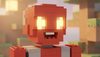 Minecraft style pixel art, close up of a redstone robot face with glowing eyes, very happy, blocky details