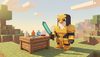 Minecraft style pixel art, penguin wearing golden armor holding a diamond sword, standing next to a crafting t