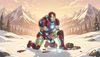 anime style 2D, Iron Man with glowing blue armor kneeling in snow in the Urals mountains, trying to fix himsel