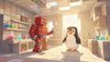 Minecraft style pixel art, redstone robot and penguin scientist standing in a blocky laboratory made of stone 