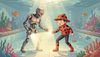 terminator cyborg and ladybug detective investigating underwater in a swimming pool with flashlights, kids boo
