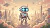 small silver robot with blue light eyes in a futuristic floating city, children's book illustration, magical a