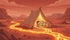 a small cozy tent on the surface of Mars, glowing orange lava streams flowing around the tent area, red landsc