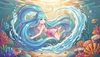 anime girl underwater, long flowing blue hair, glowing eyes, magical water waves around her, ocean floor with 