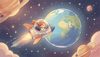 милка корелла в маленьком космическом корабле, летит через звёздное пространство к голубой планете, детская кн