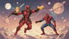 Deadpool superhero character landing on the moon next to Venom and Spider-Man, holding a funny rubber chicken 