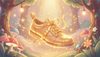 shiny glowing magical shoelace with golden sparkles floating in the air, children's book illustration, magical