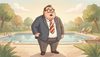 fat official in a business suit with a large belly, standing near a swimming pool looking surprised, funny, ki